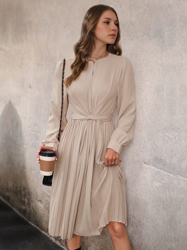 Skater Dresses Jewel Neck Long Sleeves Lace Up Casual Flared Dress Midi Dress