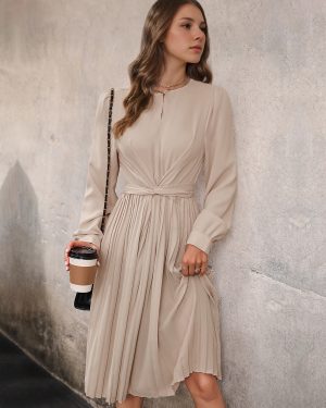 Skater Dresses Jewel Neck Long Sleeves Lace Up Casual Flared Dress Midi Dress