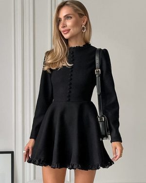 Skater Dresses Long Sleeves Buttons Ruffles Trim Mini Dress