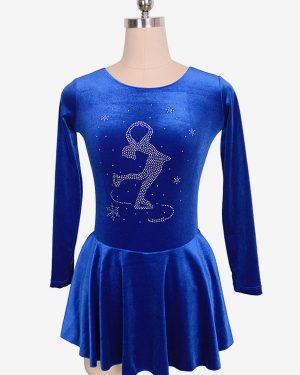 Skating Dress Royal Blue Velvet Beading Pleated Dance Costumes Halloween