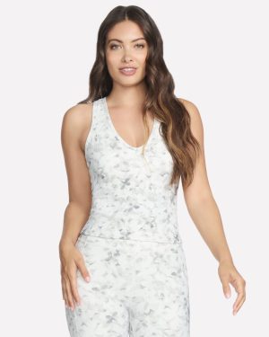 Skechers Women's GO FLEX RIB Floral Mirage V-Neck Tank Top in Silver/Gray, Size XS | Nylon/Spandex