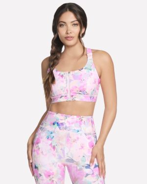 Skechers Women's GO WALK Seascape Floral Zip Front Bra in Coral, Size XS | Nylon/Spandex