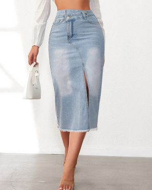 Skirts Blue Asymmetrical Raised Waist Denim Chic Fall Long Women's Bottoms