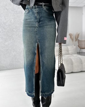 Skirts Blue Denim Natural Waist Chic High-slit Fall Long Women's Bottoms