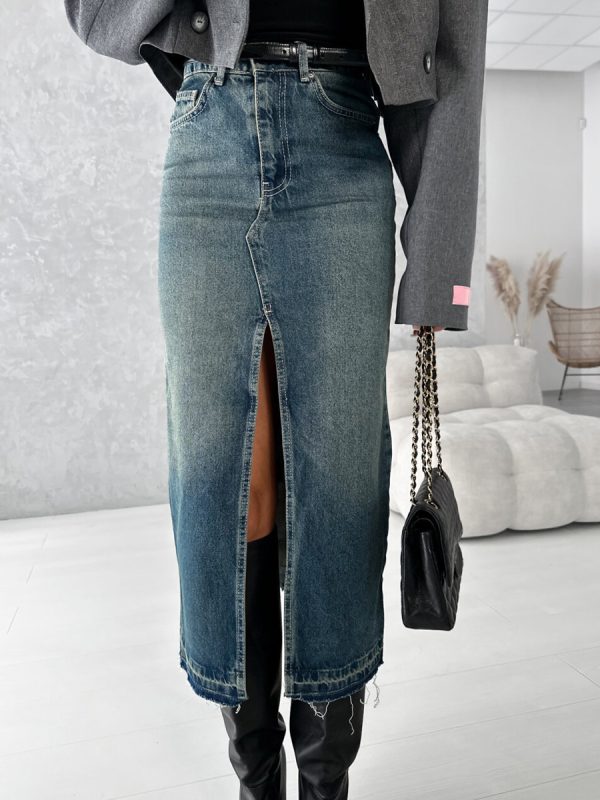 Skirts Blue Denim Natural Waist Chic High-slit Fall Long Women's Bottoms