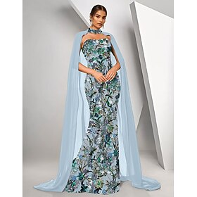 Sky Blue Cape Dress Mermaid / Trumpet Evening Gown Elegant Dress Formal Wedding Floor Length Sleeveless Strapless Stretch Crepe with Beading Lace 2025