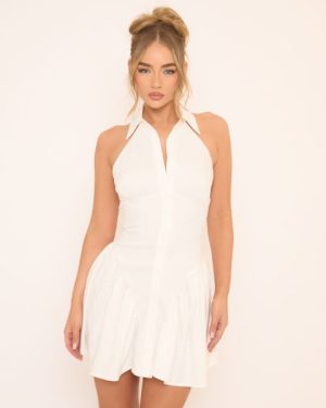 Sleeveless Collared Volume Shirt Dress In White, Women's Size UK 4