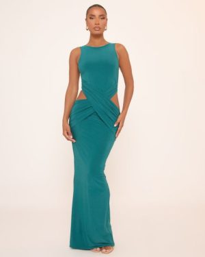 Sleeveless Cut Out Side Twist Front Maxi Dress In Teal Blue Slinky, Women's Size UK 4