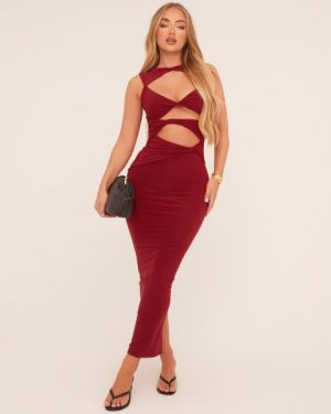 Sleeveless Cut Out Twist Front Detail Maxi Dress In Wine, Women's Size UK 10