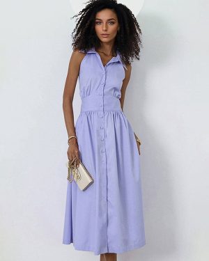 Sleeveless Midi Dress Button-Down Shirt Collar Summer Dress For Women 2025