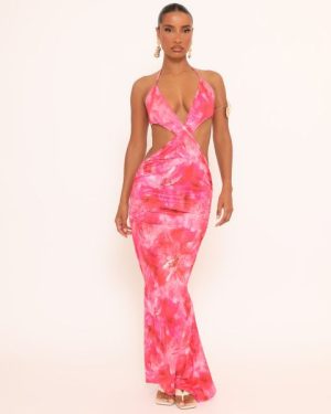 Sleeveless Plunge Front Cut Out Maxi Dress In Pink Abstract Print, Women's Size UK 10