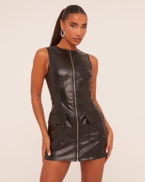 Sleeveless Zip Front Pocket Detail Mini Bodycon Dress In Black Faux Leather, Women's Size UK 6
