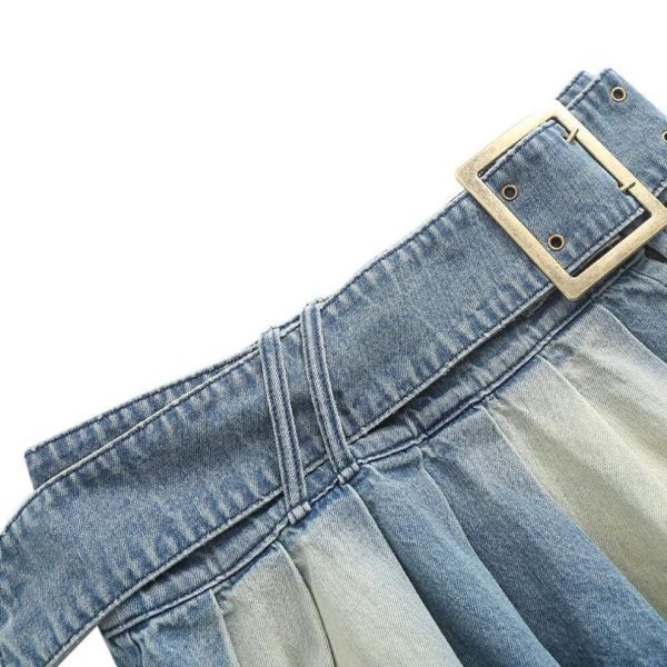 (Small) "women's Sexy Low-waist Split Belt Denim Pleated A-line Mini Skirt"