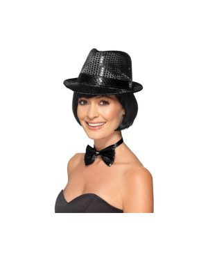 Smiffy's Unisex Sequin Trilby Hat (black) - hat sequin trilby fancy dress smiffys adult black ladies 1920s accessory