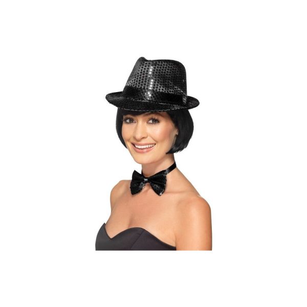 Smiffy's Unisex Sequin Trilby Hat (black) - hat sequin trilby fancy dress smiffys adult black ladies 1920s accessory