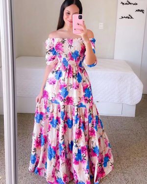 Smocked Dress Floral Off The Shoulder Tiered Casual Summer Dresses