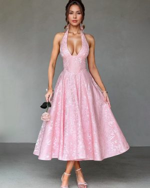 Soft Pink Floral Midi Dress Halter Summer A-line Vintage Dress For Women 2025