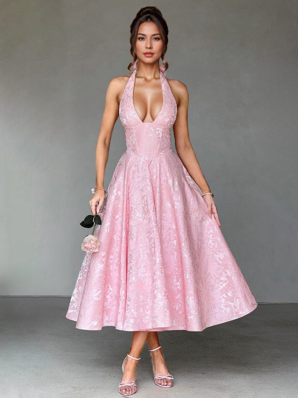 Soft Pink Floral Midi Dress Halter Summer A-line Vintage Dress For Women 2025