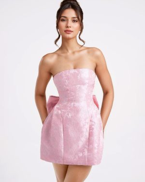 Soft Pink Floral Strapless Dress With Bowknot Birthday Party A-line Mini Dress For Women 2025