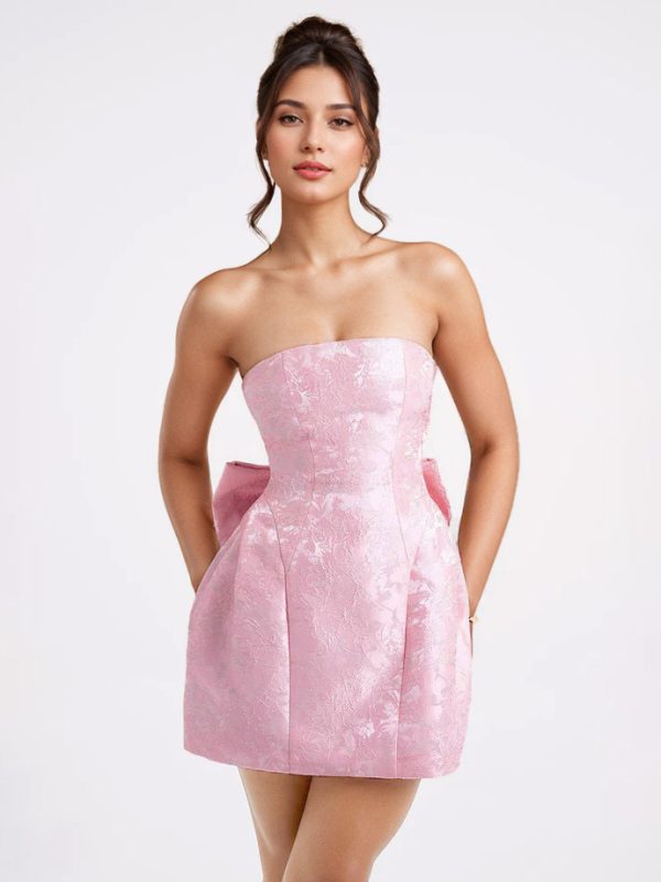 Soft Pink Floral Strapless Dress With Bowknot Birthday Party A-line Mini Dress For Women 2025
