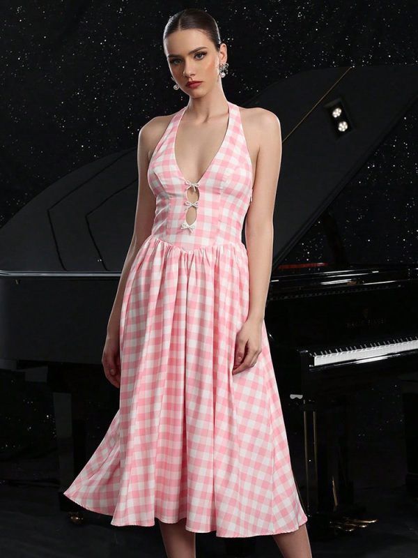 Soft Pink Gingham Check V-Neck Midi Dress With Halter Neck And Shirred Back 2025