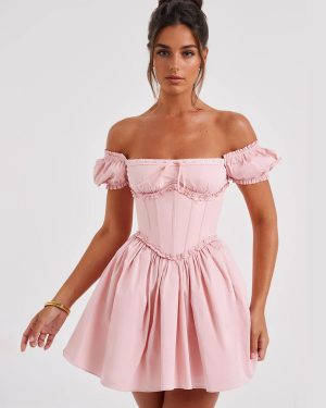 Soft Pink Off-Shoulder Mini Dress With Puffed Sleeves 2025
