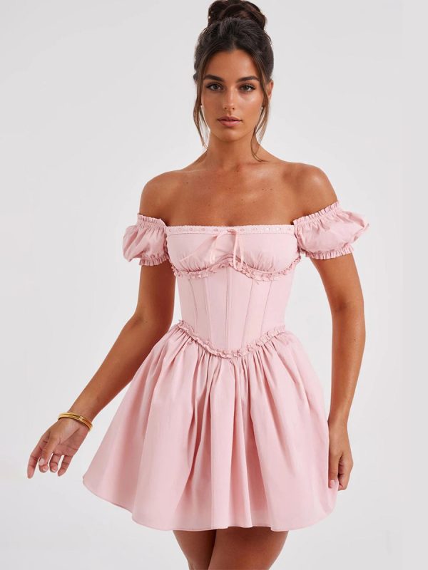 Soft Pink Off-Shoulder Mini Dress With Puffed Sleeves 2025