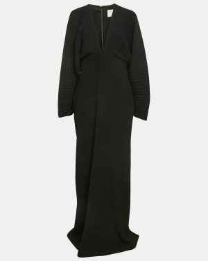Solace London Black Plisse V-Neck Oxana Maxi Dress L