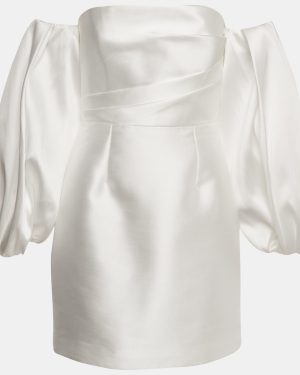 Solace London White Satin Off-Shoulder Puff Sleeve Bella Mini Dress M
