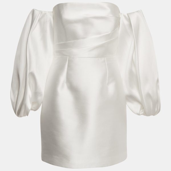 Solace London White Satin Off-Shoulder Puff Sleeve Bella Mini Dress M