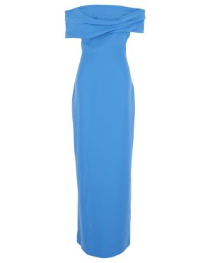 Solace London eva Blue Off-shoulder Long Dress With Draped Detail In Tech Fabric Woman
