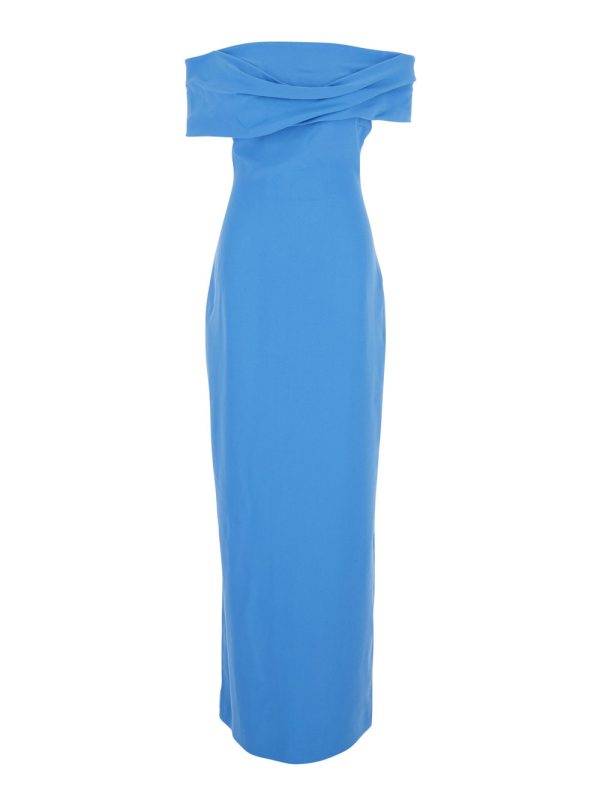 Solace London eva Blue Off-shoulder Long Dress With Draped Detail In Tech Fabric Woman