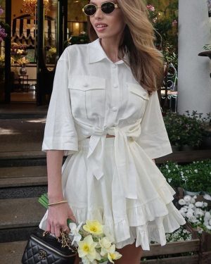 Solid Color Two Piece Set Short-Sleeved Shirt And Layered Hem Mini Skirt 2025