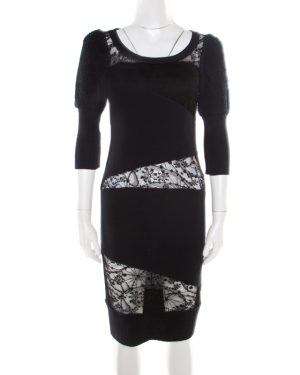 Sonia Rykiel Green and Black Lace Paneled Textured Sleeve Detail Sheath Dress S