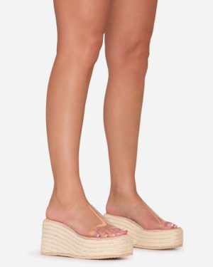 Sonny Clear Perspex Strap Woven Platform Wedge Sandal In Nude Faux Leather, Women's Size UK 8