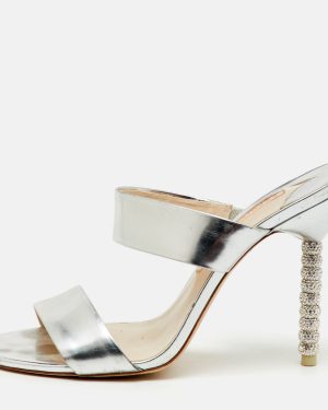 Sophia Webster Silver Foil Leather Crystal Embellished Heel Slide Sandals Size 40