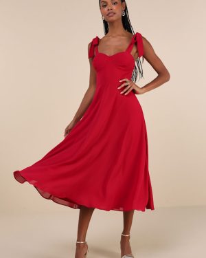 Sophisticated Charisma Berry Red Tie-Strap A-Line Midi Dress
