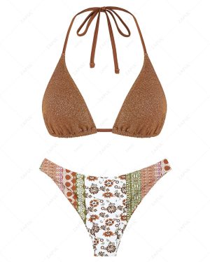Sparkle Glitter Triangle Floral Print Cheeky Mix and Match Bikini Set Coffee