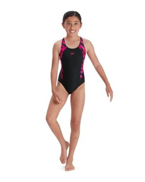 Speedo Endurance Hyper Boom Splice Muscleback Swimsuit Junior Black/Pink 5-6 Years / 24"