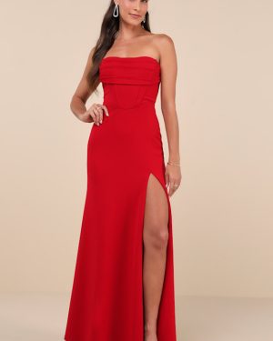 Spellbinding Allure Red Bustier Strapless Mermaid Maxi Dress