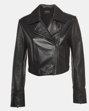 Sportmax Black Leather Cropped Biker Jacket M