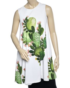 Sportmax White Cactus Print Crepe Sleeveless A-Line Dress S