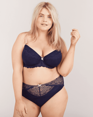 Spot and Lace Padded Balconette Bra - 40DD / Navy