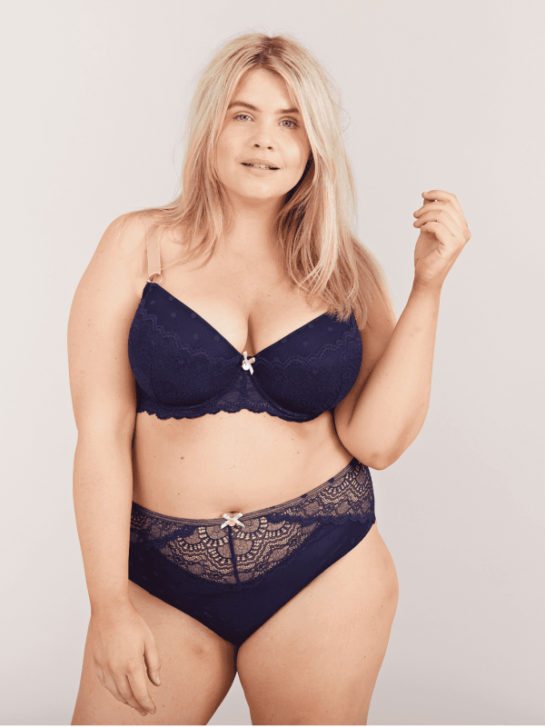 Spot and Lace Padded Balconette Bra - 40DD / Navy