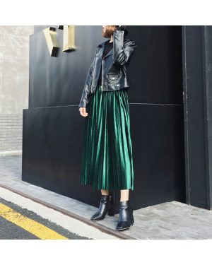 Spring Autumn Women Midi Skirt Long Metallic Silver Maxi Pleated Skirt High Waist Elascity Casual Party Skirt