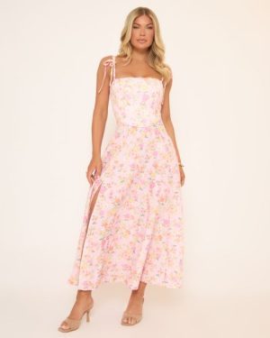 Square Neck Split Leg Detail Corested Midi Dress In Pink Floral Print, Women's Size UK Small S