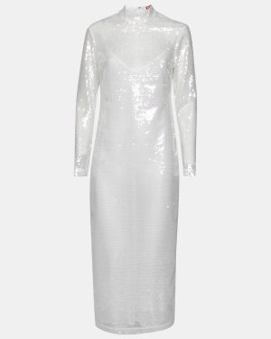Staud White Sequin Embellished Long Sleeve Midi Dress M