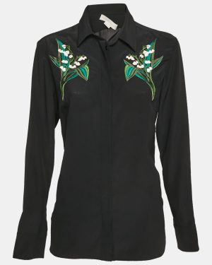 Stella McCartney Black Floral Embroidered Silk Long Sleeve Shirt S