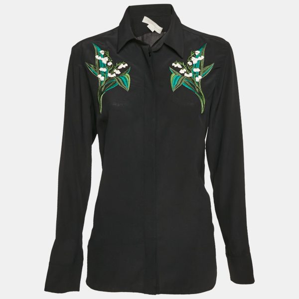Stella McCartney Black Floral Embroidered Silk Long Sleeve Shirt S