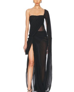 Stella McCartney Creponne Asymmetric Drape Maxi Dress in Black - Black. Size 34 (also in 36, 40).